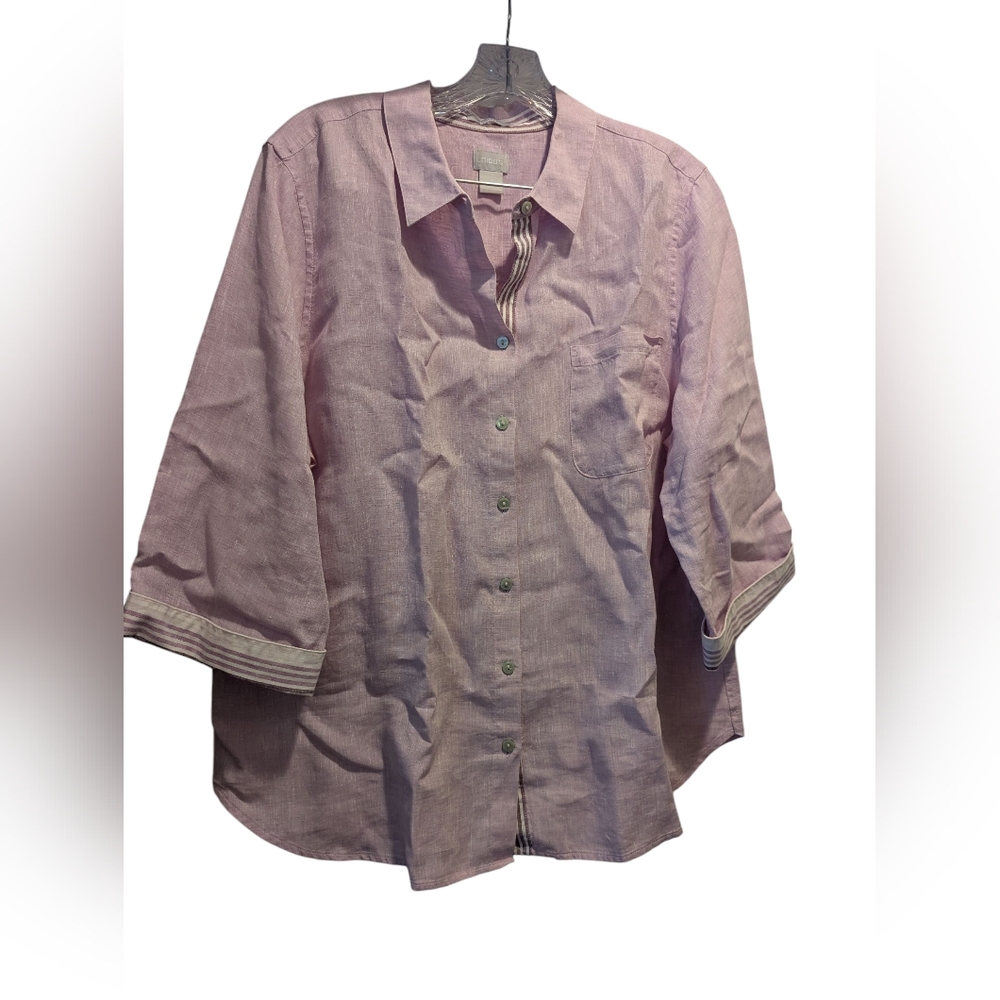 Chico's Lilac Purple Stripe Accent Freshchic Linen Button Shirt Sz 3 (XL-16/18)